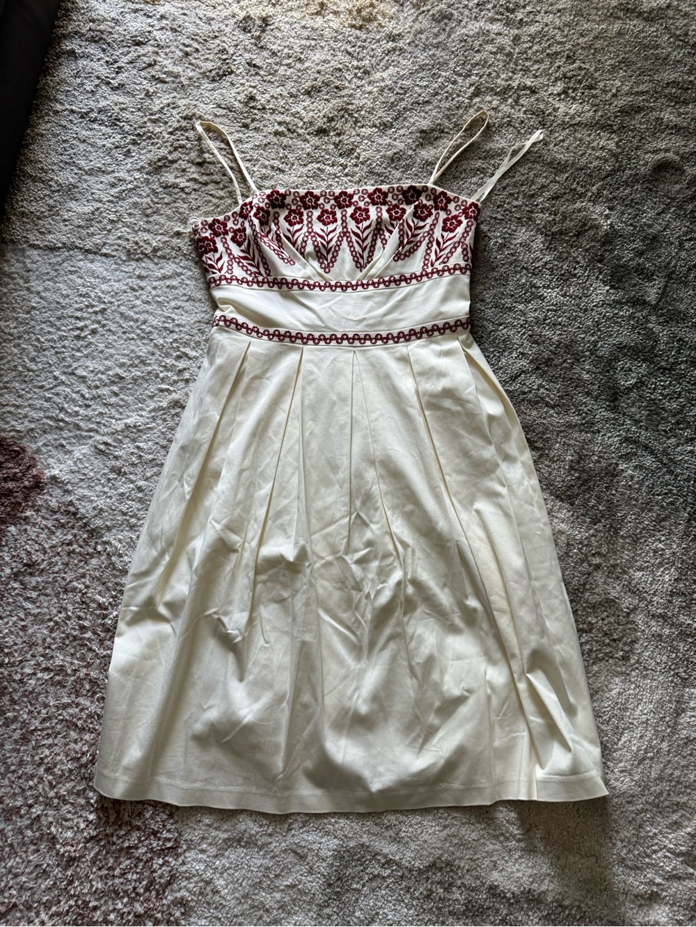 Ann Taylor Cream Midi Dress with Burgundy Embroidery